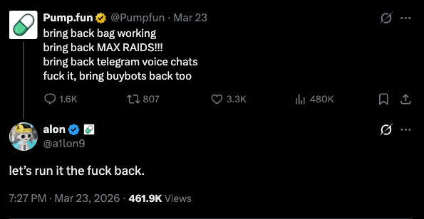 Pump.fun and Alon tweet about running it back